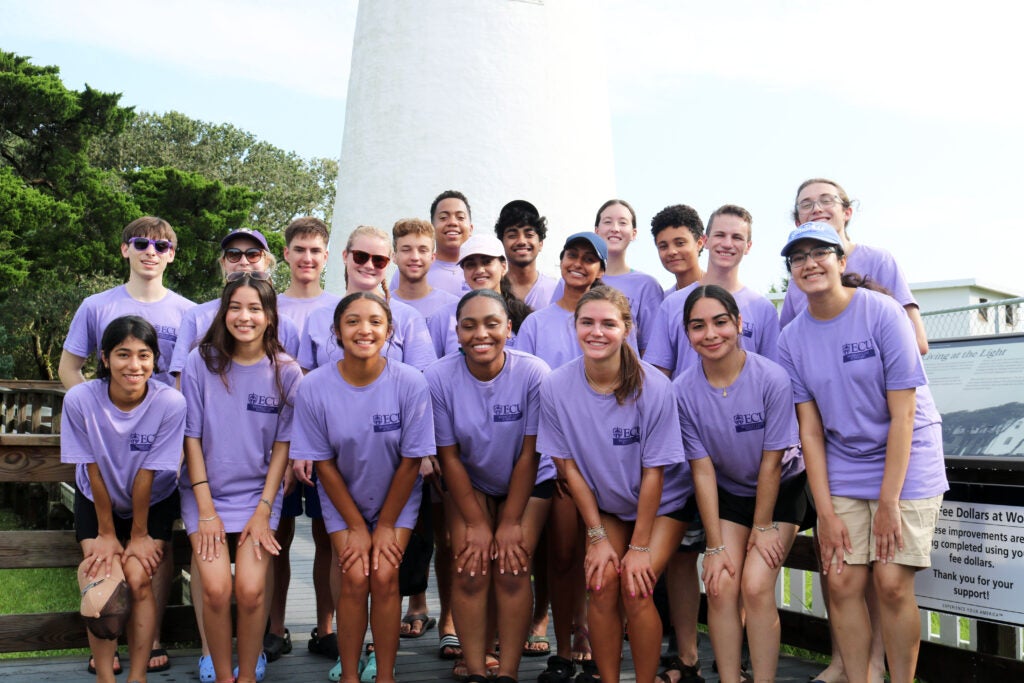 Brinkley-Lane students stand in front of Ocracoke lighthouse