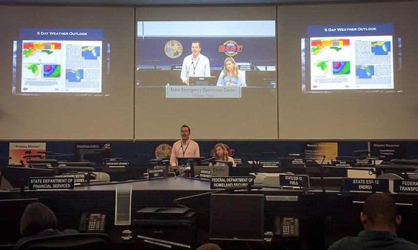 Vaughn gives a weather briefing at the Florida Division of Emergency Management in Tallahassee, Fla. 