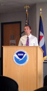 Vaughn presents information at the National Weather Service headquarters in Silver Spring, Md. 